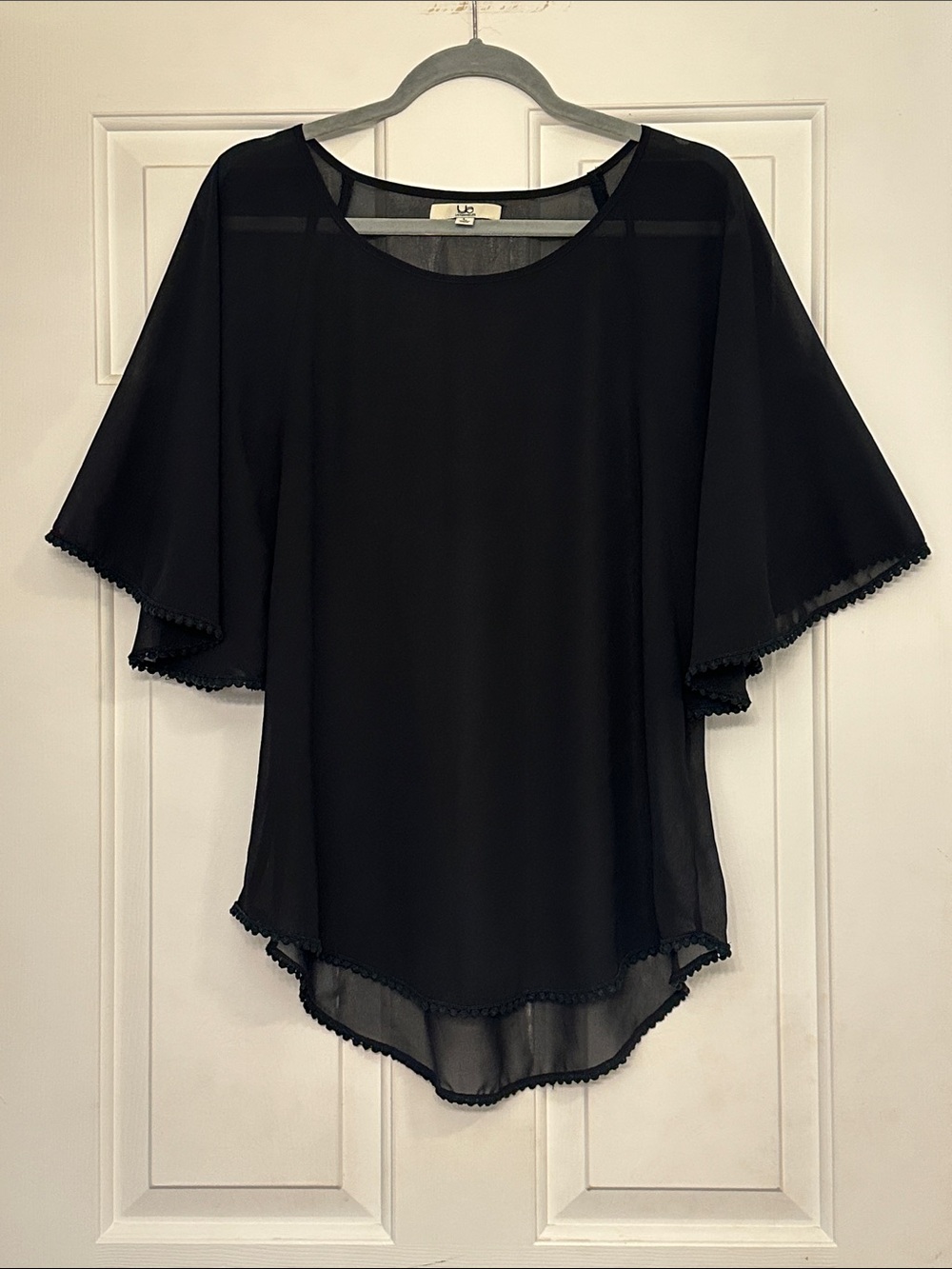 Ya Los Angeles Black Sheer Pom-Trim Flutter Sleeve Blouse
